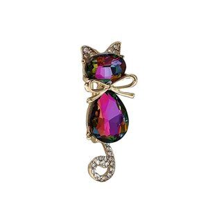 Colorful Watermelon Rhinestone Cat Brooch Pin Gold Tone